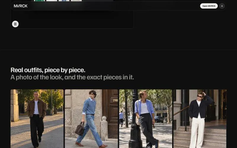 Four outfit photos on MVRCK’s landing page, each a look made from catalogue pieces